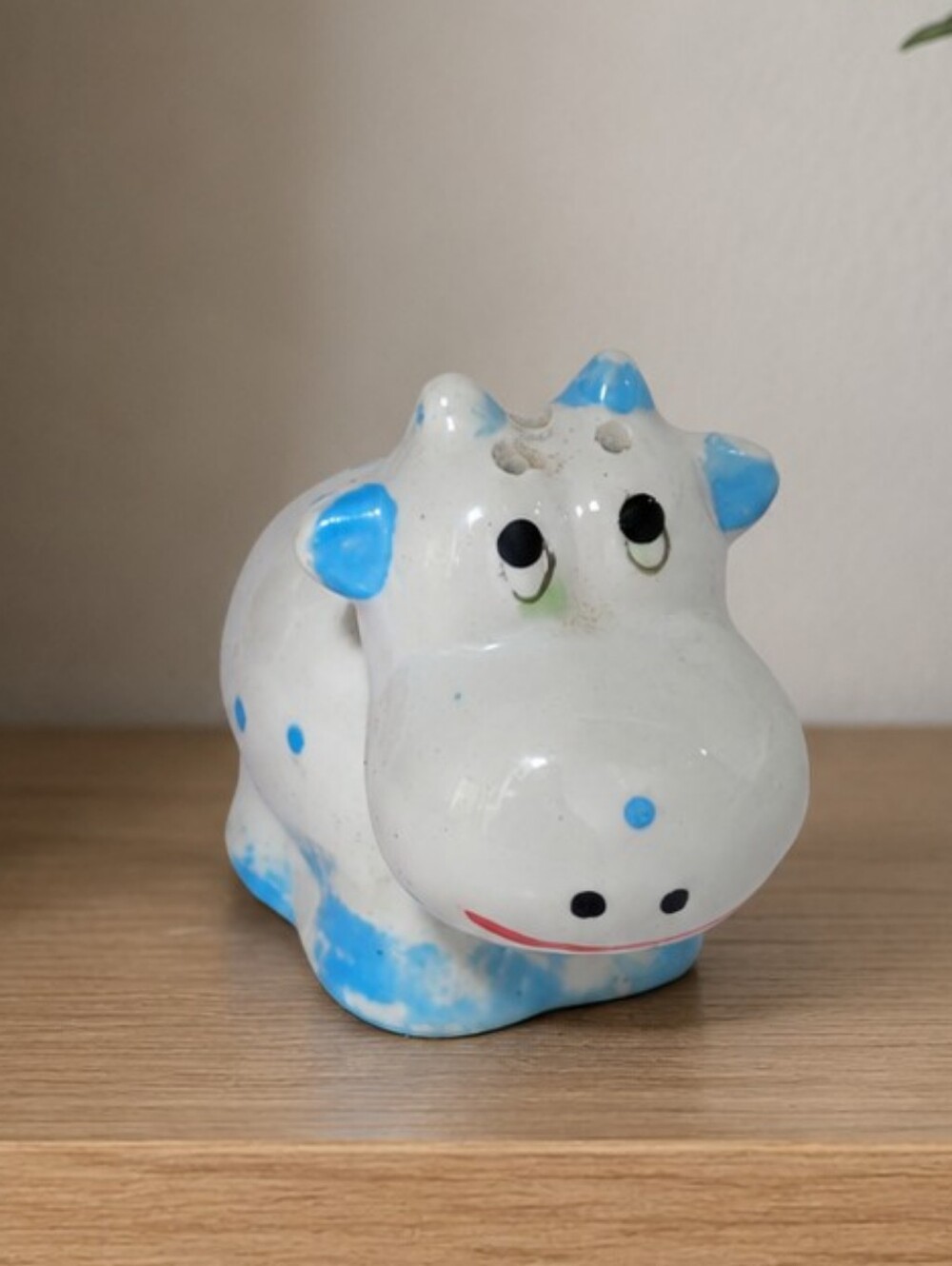 Vintage Ceramic Hippo Salt Shaker White & Blue Polka Dot Figurine